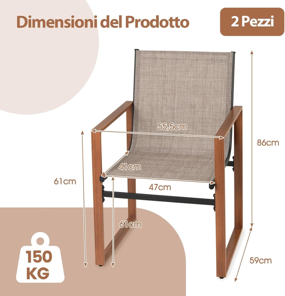 Set di 2 Sedie da Pranzo da Esterno, Sedia da Patio con Seduta e Schienale Traspiranti, Braccioli Larghi, Telaio in Metallo, per Cortile, Veranda, Giardino, Portata 150 kg (Caffè)
