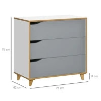 Cassettiera 3 Cassetti in Truciolato e MDF per Camera da Letto e Soggiorno, 75x42x75 cm, Bianca Grigia e Marrone