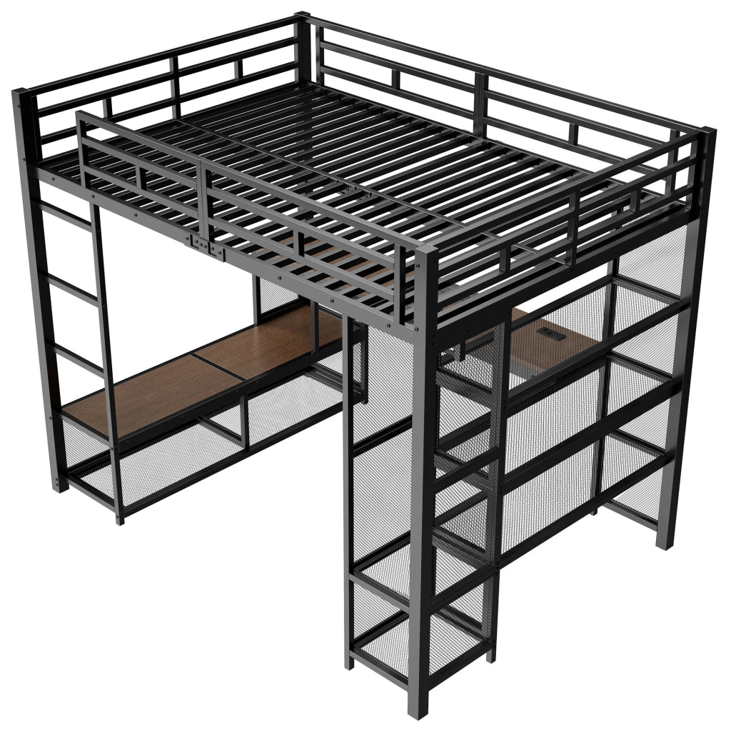 Letto a soppalco 140x200 cm con scrivania, armadio aperto e LED