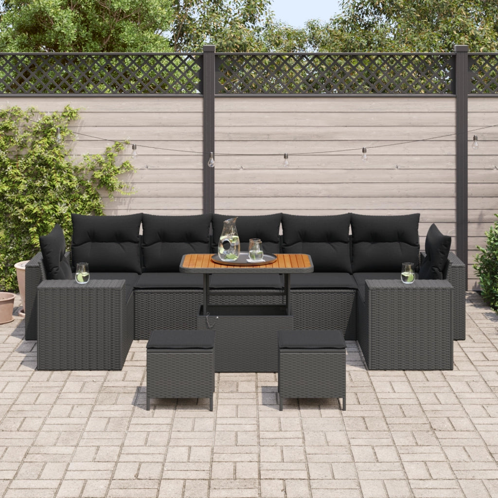 Set Divano da Giardino di 10 Pezzi con Cuscini Rattan Nero Acacia