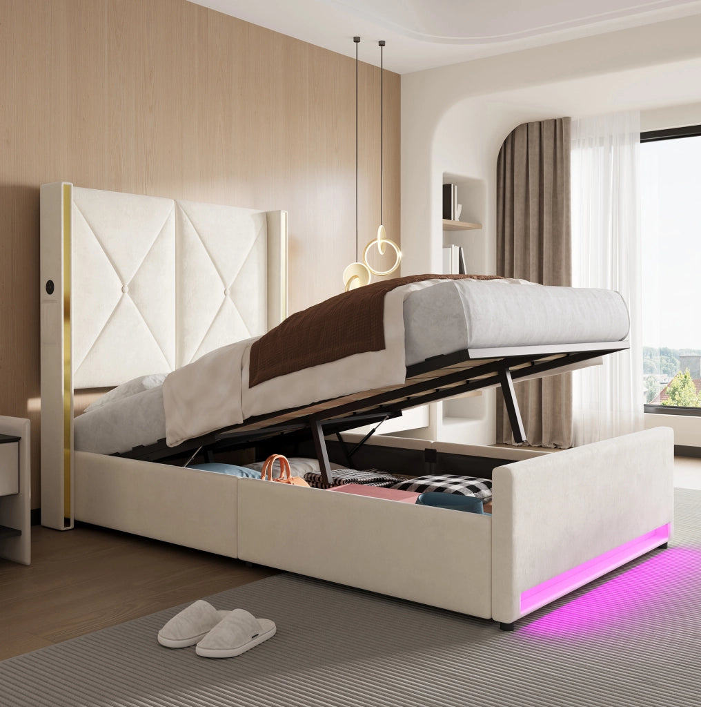 Letto contenitore ULEVR 90x200 cm in velluto beige con LED, USB e Type-C, tasche laterali e sollevamento idraulico