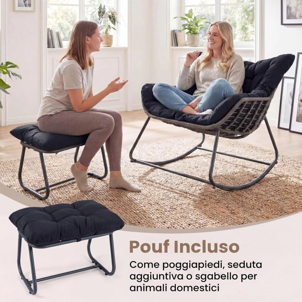 Sedia a Dondolo da Interno ed Esterno, Poltrona a Dondolo con Poggiapiedi e Cuscini Rimovibili, Poltrona Relax in Rattan con Telaio in Metallo per Soggiorno e Giardino, Portata 150 kg (Nero)