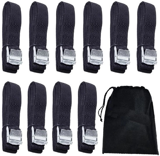 Set di cinghie di sterzo, 10 pezzi, cinghie di sterzo regolabili, cinturoni di fissaggio con tasca portacinturoni, per motocicletta, auto, rimorchi, bagaglio, carico, barca, 50 × 2,5 cm, nero