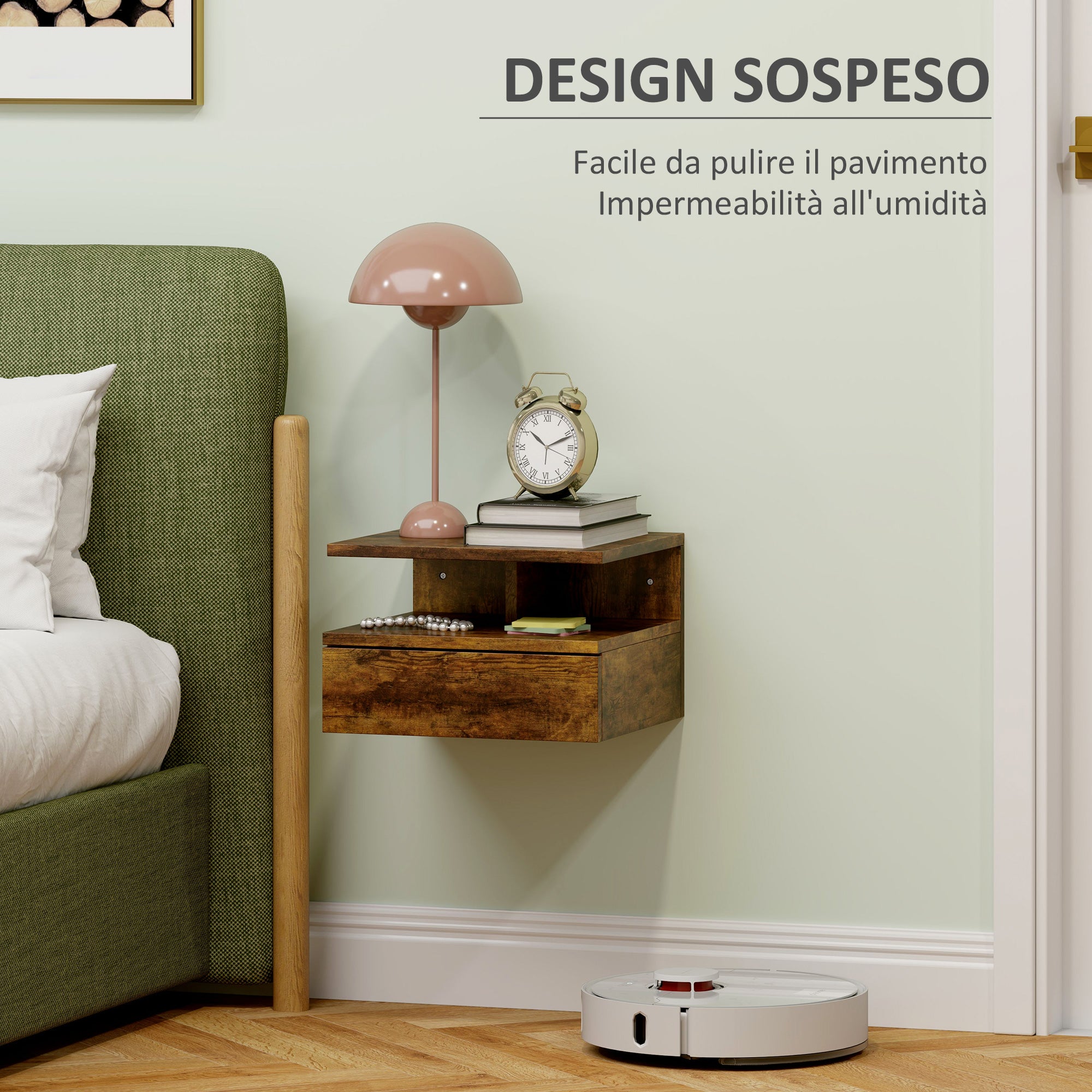 Set 2 Comodini Sospesi per Camera da Letto 35x32x22,5 cm con Cassetto in Legno Marrone