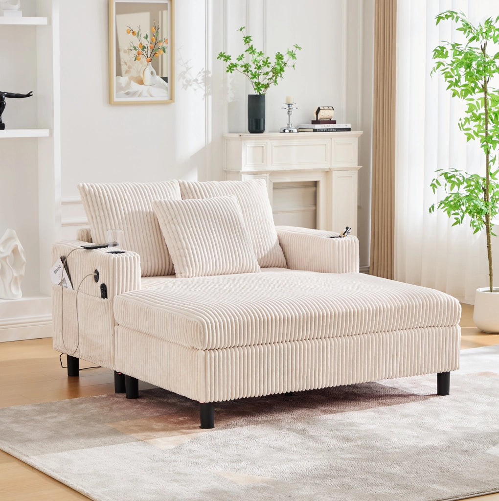Poltrona relax oversize con LED; porta USB e portabevande; 142×128×85 cm; velluto a coste beige