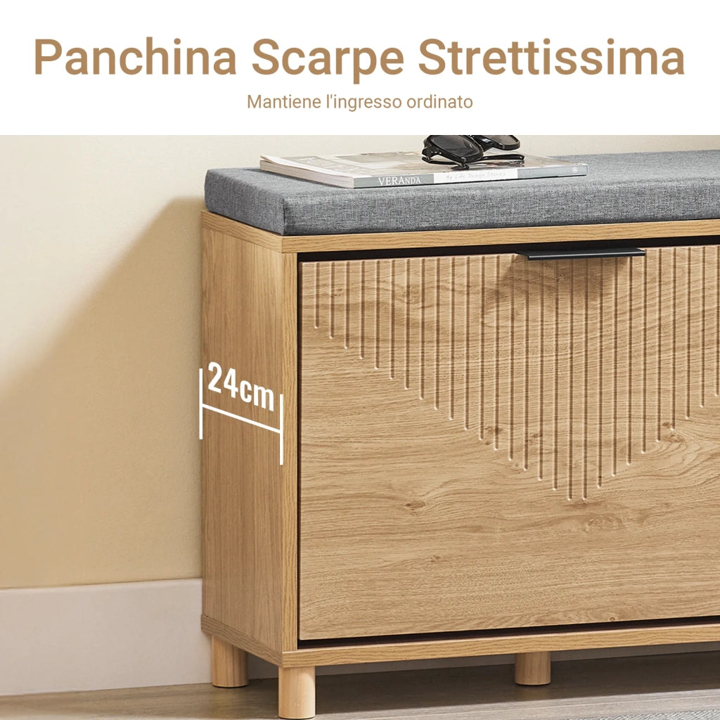 SoBuy Scarpiera Panca Ingresso Scarpiera Salvaspazio Slim con Cuscino - Panca Contenitore con Ribalta per Scarpe - Adatta a Ingresso, Corridoio - Legno Chiaro e Grigio, 60x24x50cm, FSR199-N