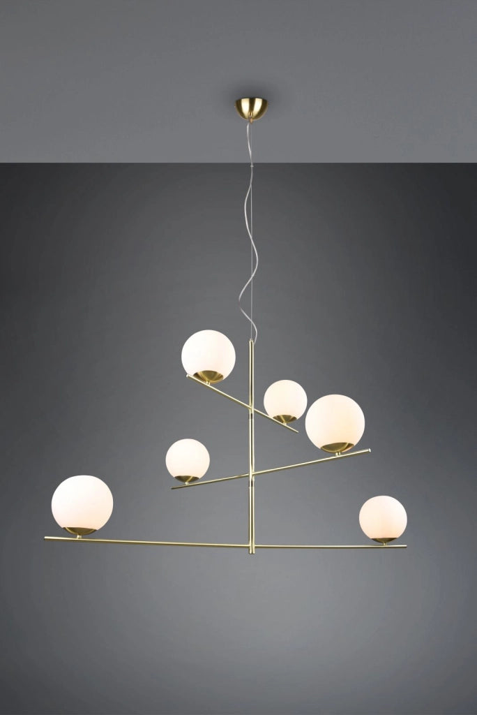PURE SOSPENSIONE GIREVOLE METALLO COLORE OTTONE OPACO CON 6 SFERE BIANCHE D. 115CM ATTACCO E14