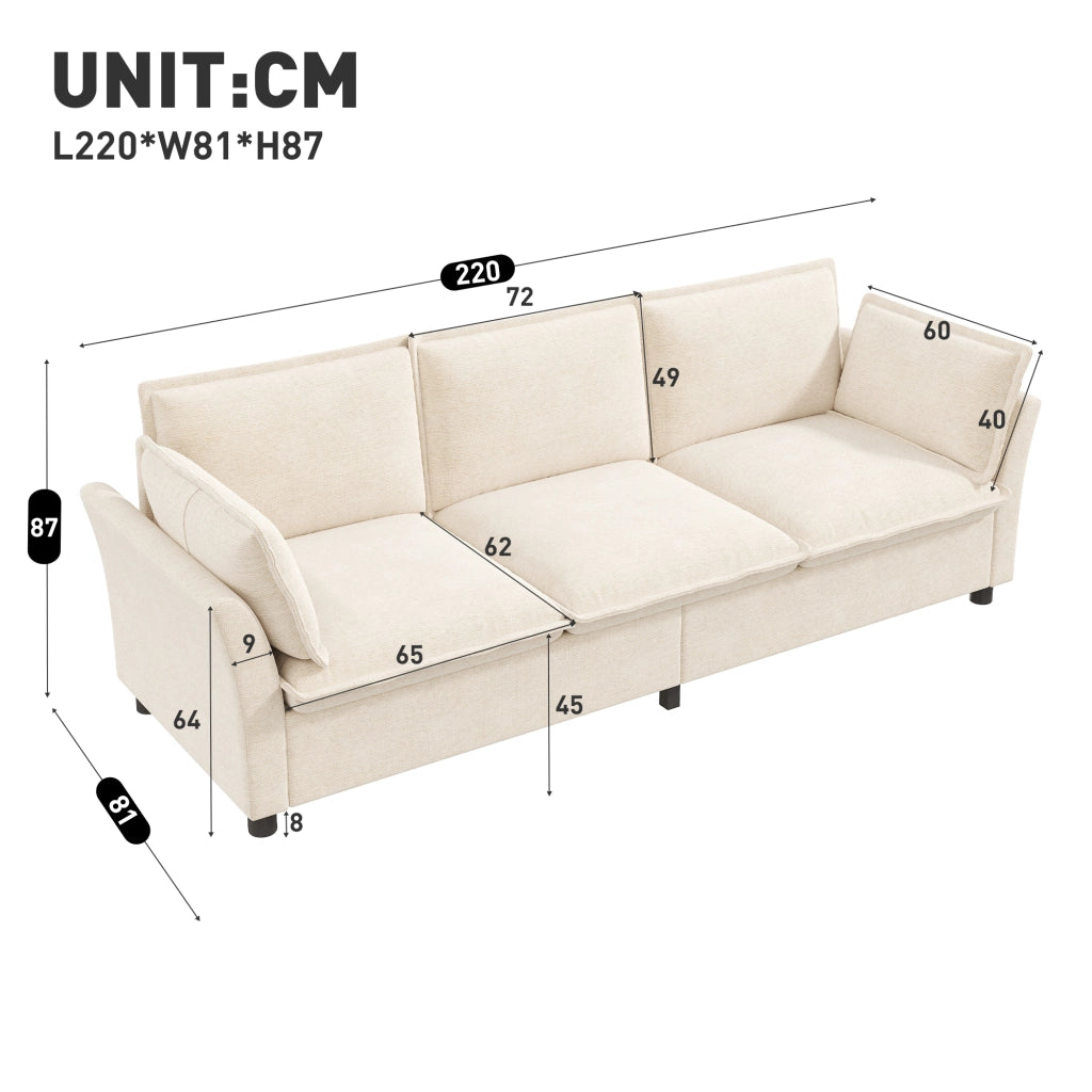 Divano 3 posti modulare con seduta ampia e cuscini per braccioli, struttura in metallo, in chenille beige