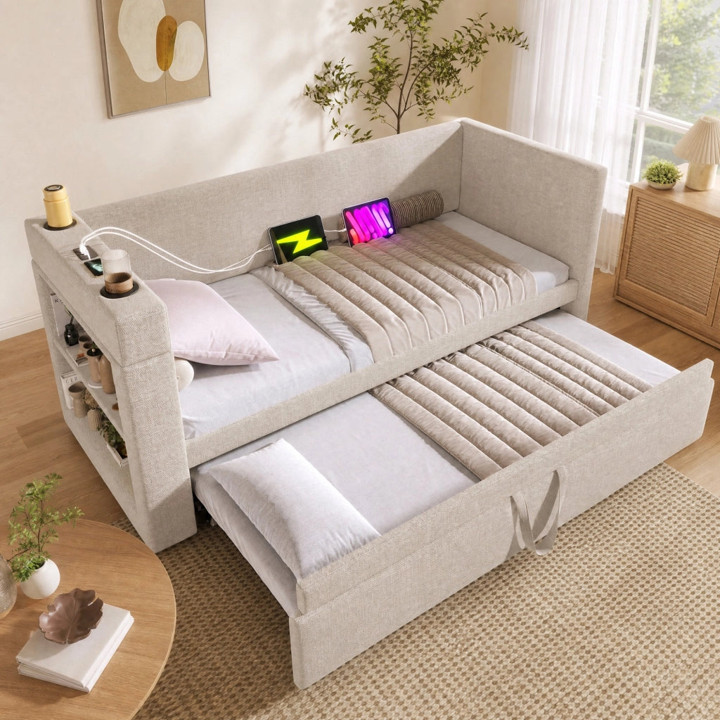Divano letto estraibile 90x190 cm in cotone-lino beige con USB e Type-C