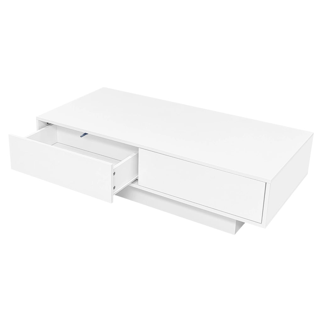 Tavolino da caffè 115x55x34 cm; LED integrata e 2 cassetti; finitura lucida; truciolare bianco