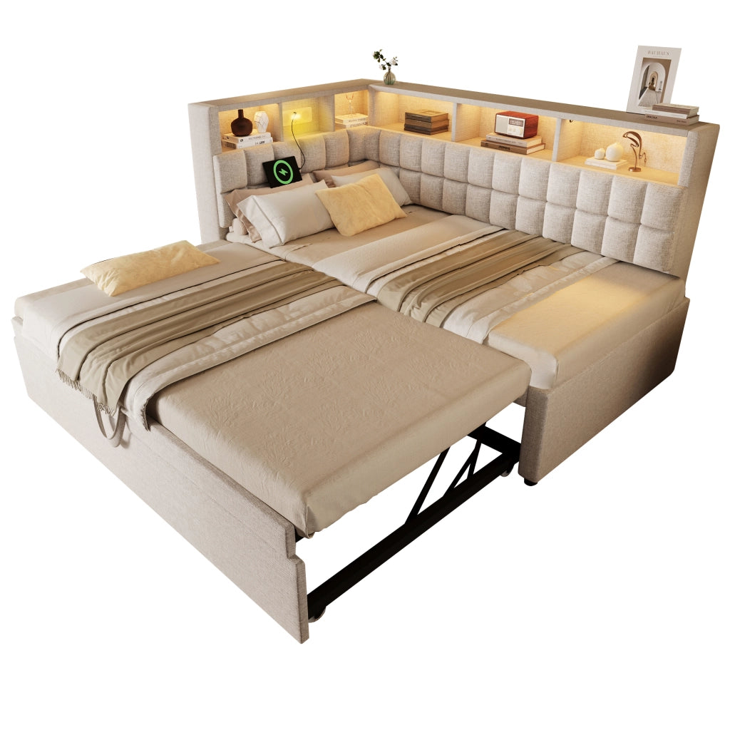 Letto imbottito con letto estraibile 90x200 cm; LED; Bluetooth; USB e Type-C; beige