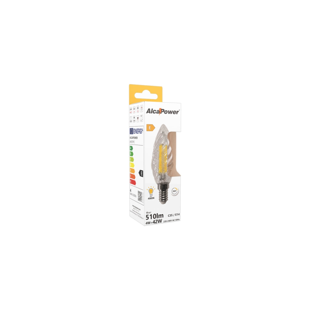 Alcapower Lampada LED Tortiglione 4W 510lm E14 4000K Bianco Naturale, Tecnologia a Filamento ad Alta Efficienza Energetica, Durata 25000 Ore