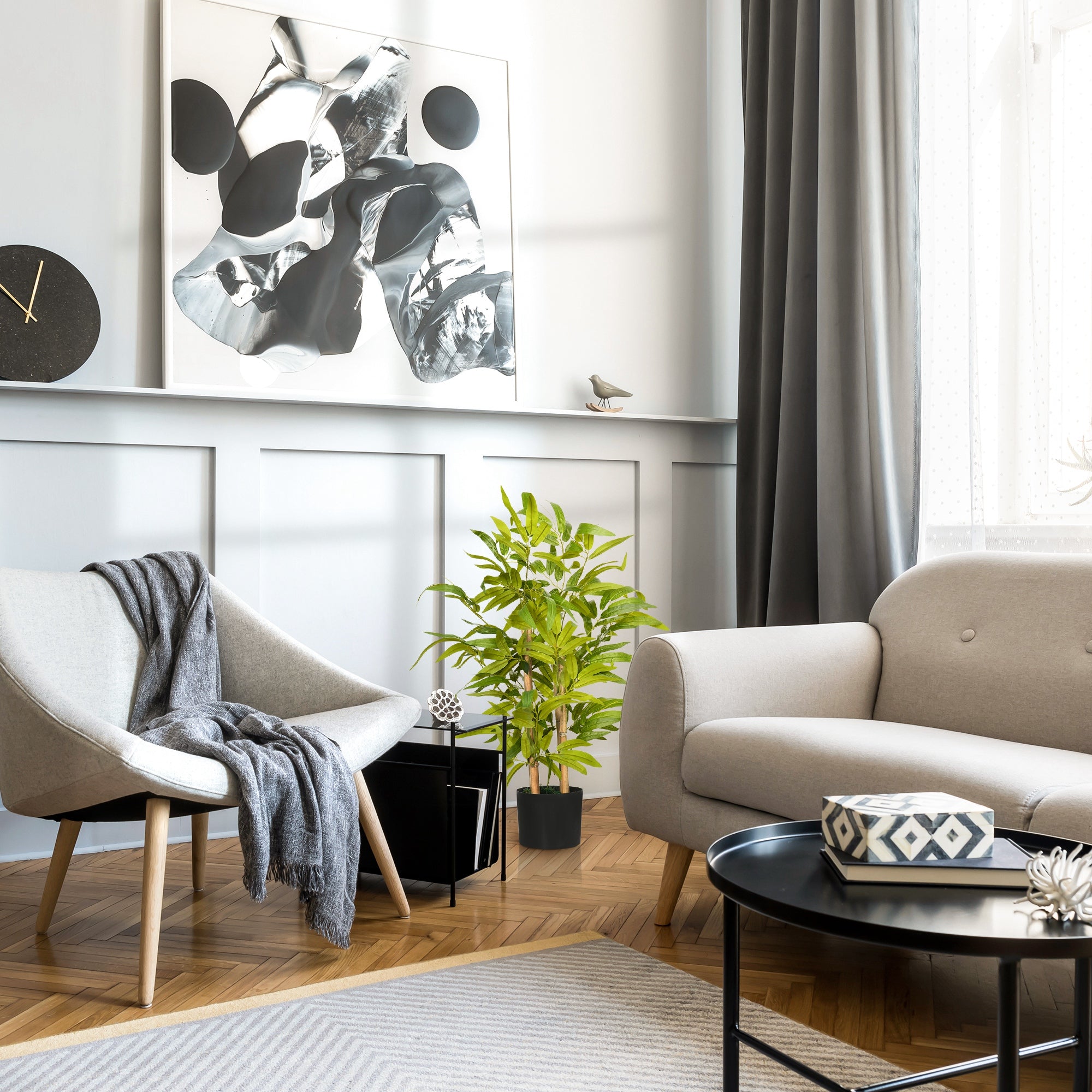 Pianta di Bambù Artificiale Alta 60 cm con Vaso in Cemento Ø15x12,5 cm in Poliestere e PP Verde