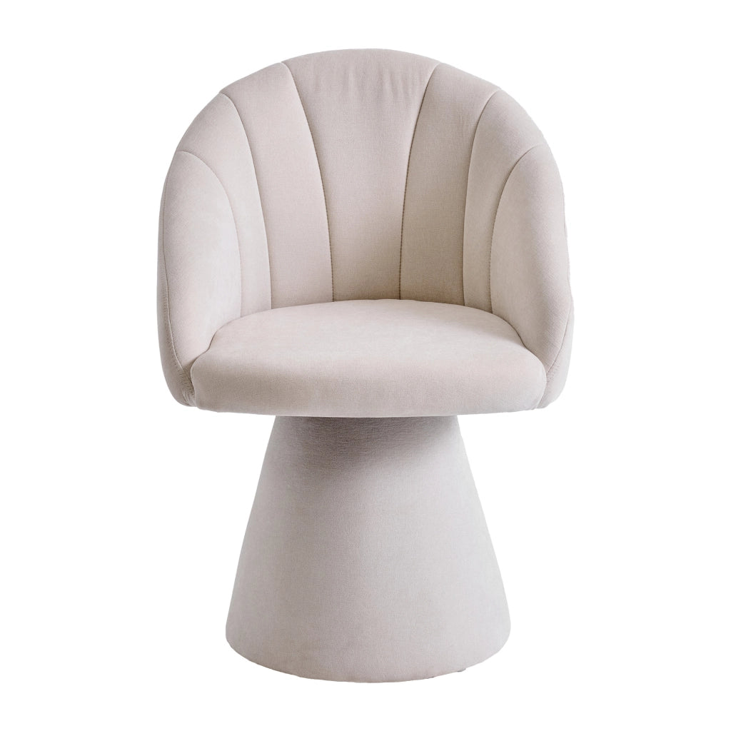 Chaise girevole 360° in tessuto chenille con schienale ergonomico, braccioli integrati e base stabile in legno beige