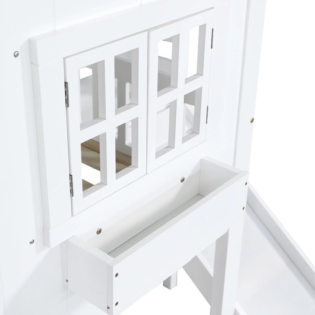 Letto a Castello 90x200 cm con Scivolo; Tetto e Finestre - Legno e MDF - Bianco