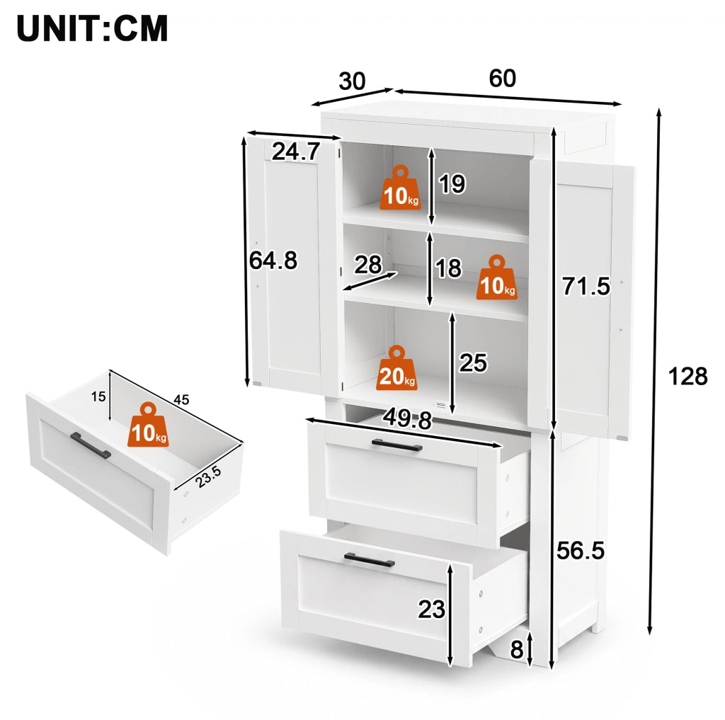 Armadio dispensa freestanding stile rustico 60x30x128 cm; bianco in MDF e PB