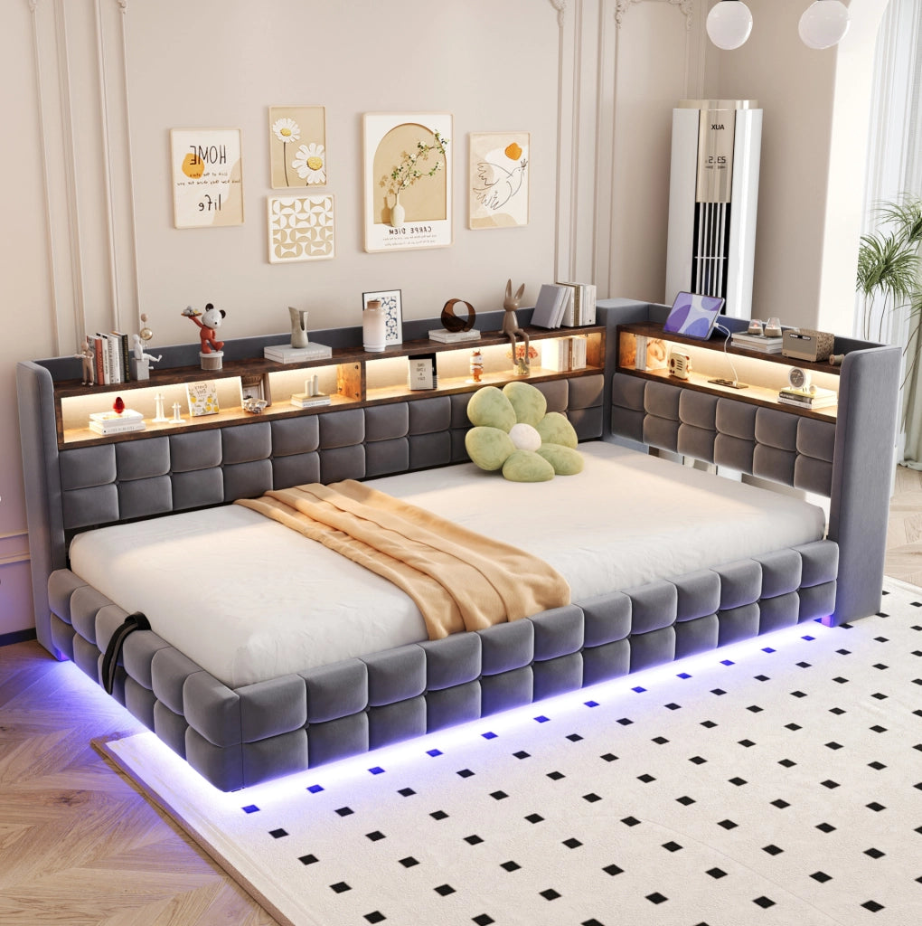 Letto imbottito multifunzione 90x200 cm con contenitore; LED; USB e presa; grigio