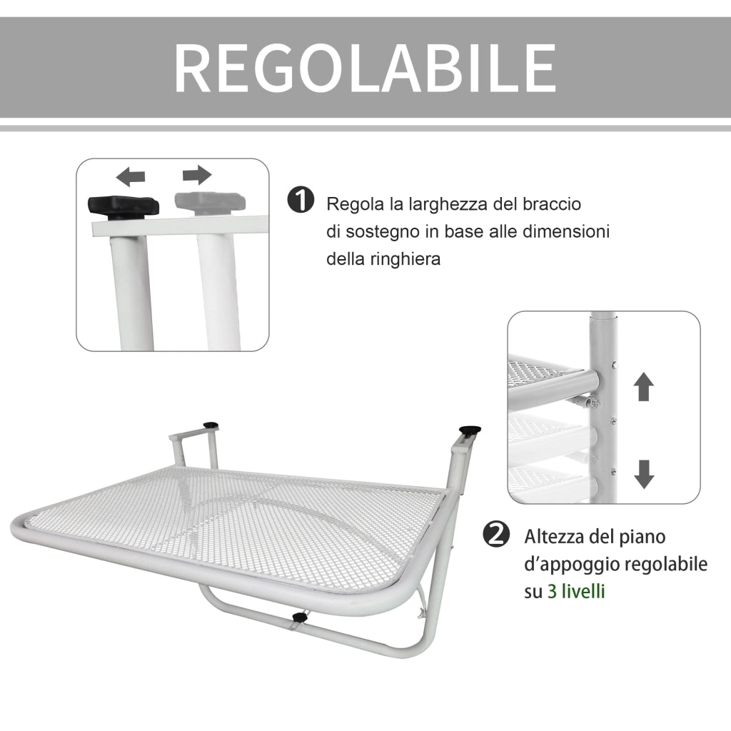 Easycomfort Tavolo da Ringhiera con Ganci ad Altezza Regolabile su 3 Livelli, in Metallo, 60x56.5x45 cm, Bianco