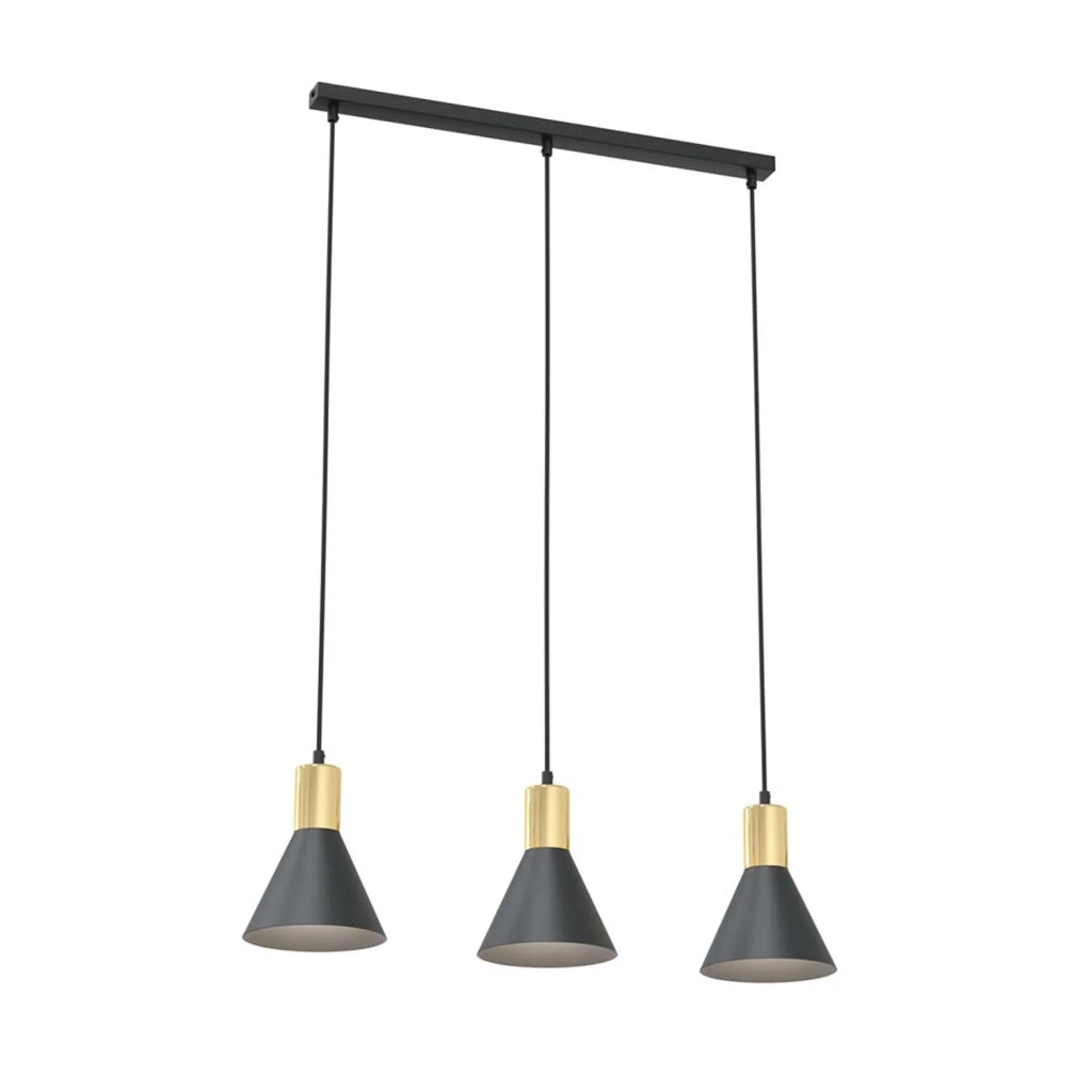 Lampadario 3 Luci Heimdall In Acciaio Nero E Paralumi Conici Nero E Oro
