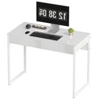Scrivania Moderna con 2 Cassetti e Gambe in Acciaio, 100x50x75 cm, Bianco Lucido