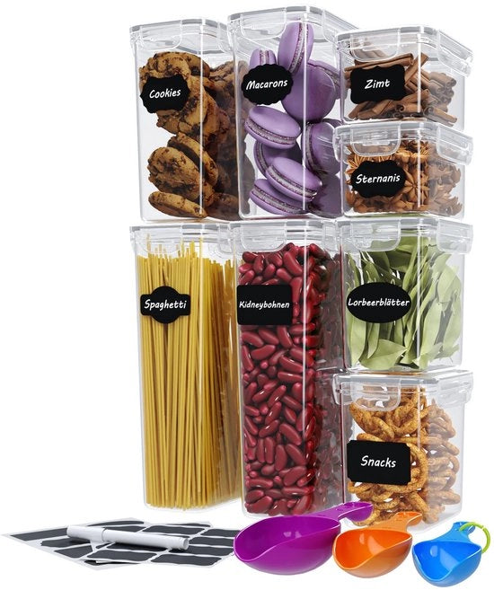 Set di conservazione alimentare con etichette, matite e calibri. Scatole di conservazione alimentare con coperchio, BPA libero, ermetiche, impermeabili e lavabili in lavastoviglie. Quantità: 8 pezzi.
