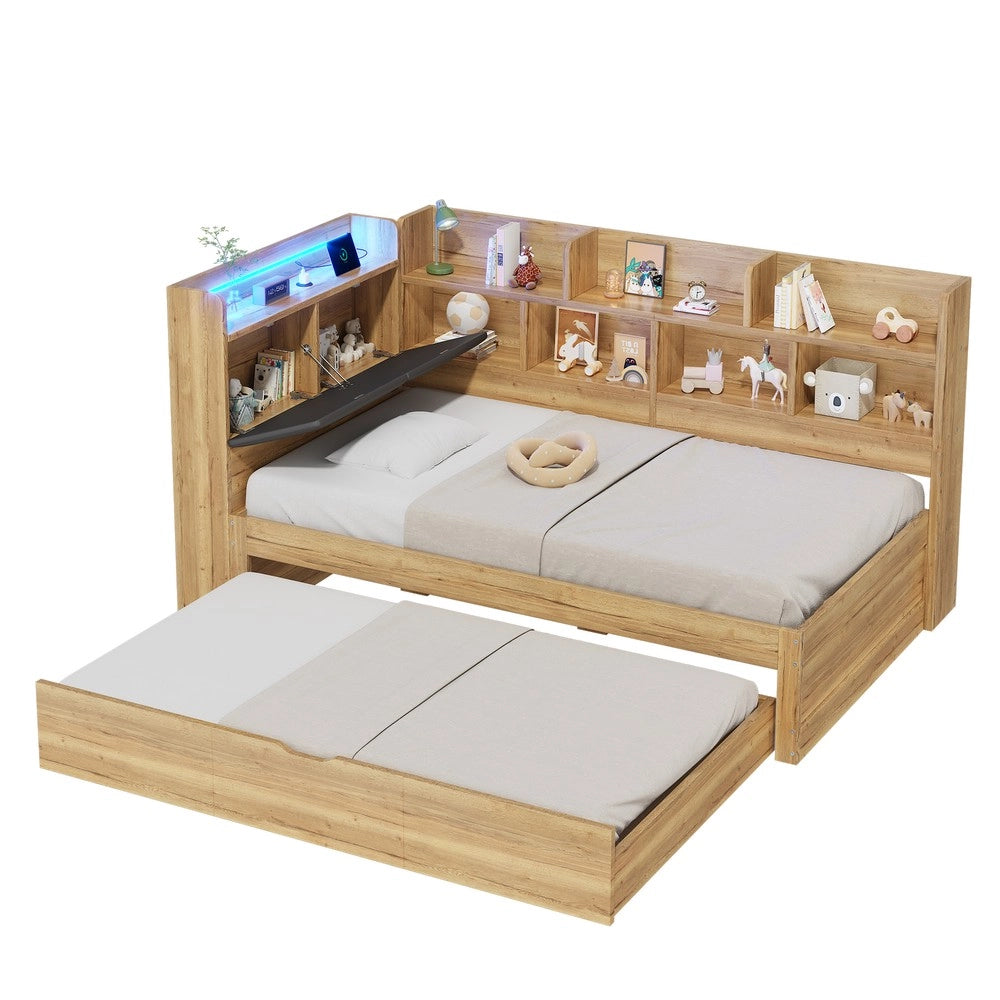 Letto Bambini a Soppalco con Cassetti, LED e Ripiani ¨C Xylo ¨C Legno Naturale 90x200