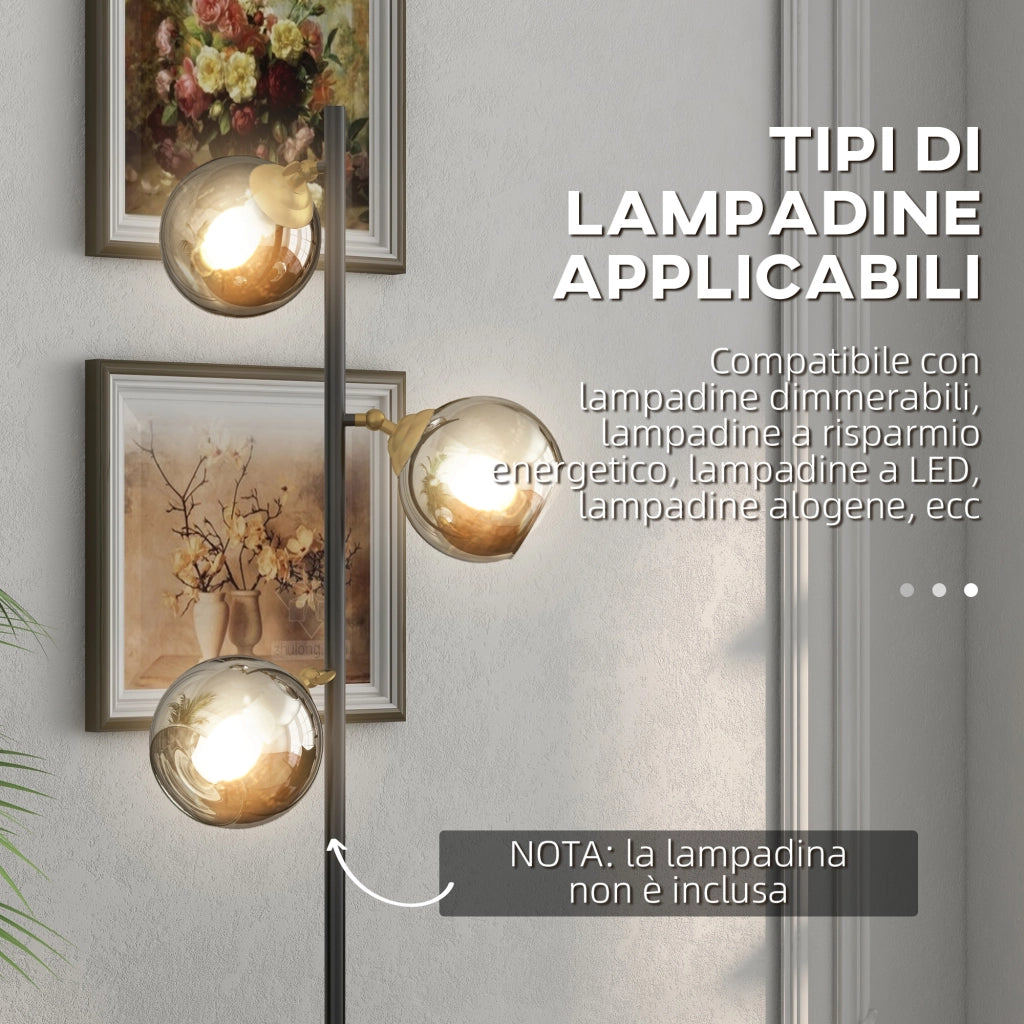 Lampada da Terra in Metallo con 3 Paralumi in Vetro ¨C zephmum ¨C Nero e Grigio ?36x162 cm