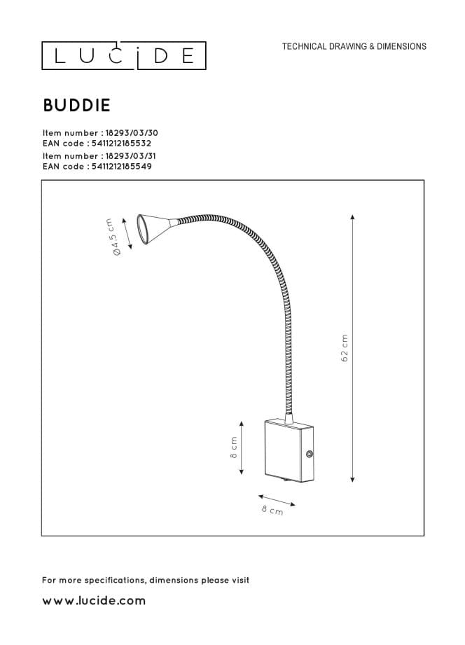Lucide Buddy lampada da parete LED 3W 4000K nero cromo