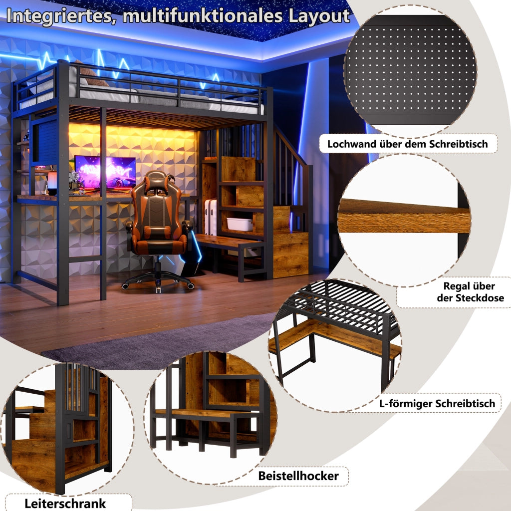 Letto a soppalco nero 90 x 200 cm con scrivania, LED e ricarica USB