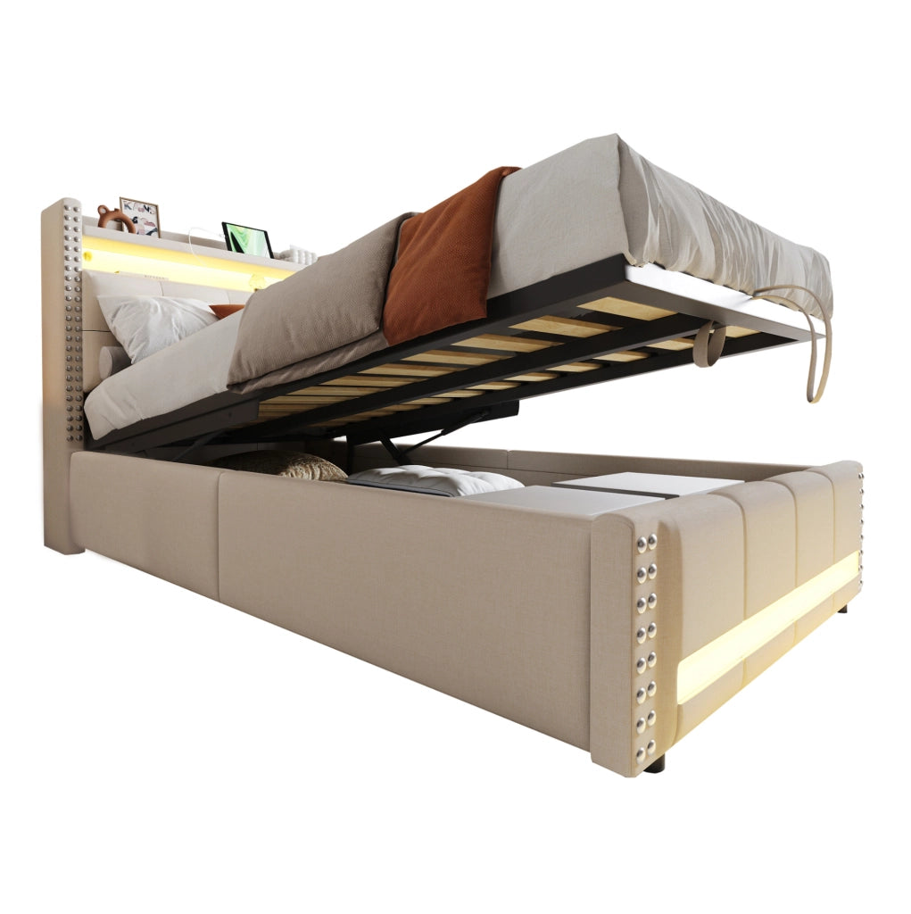 Letto singolo imbottito per bambini 90x200 cm con LED; USB e contenitore idraulico; beige