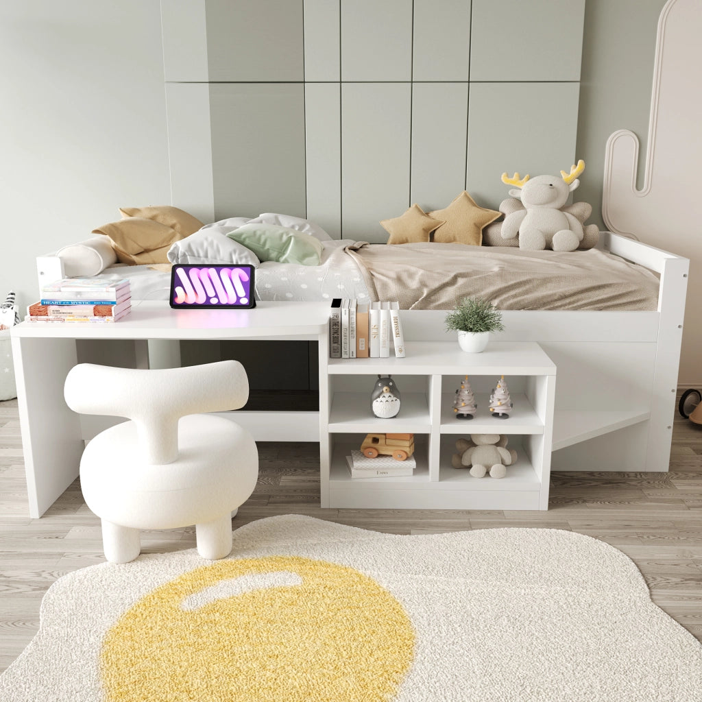 LETTO Singolo 90x200 cm con scrivania, vani contenitori e prese USB Bianco