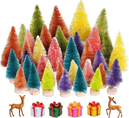 Albero di Natale Miniaturizzato con Effetto Neve Base in Legno per Decorazione di Tavolo Esposizione Finestra Fai da Te (4,5/6,5/8,5cm), 56 Pezzi