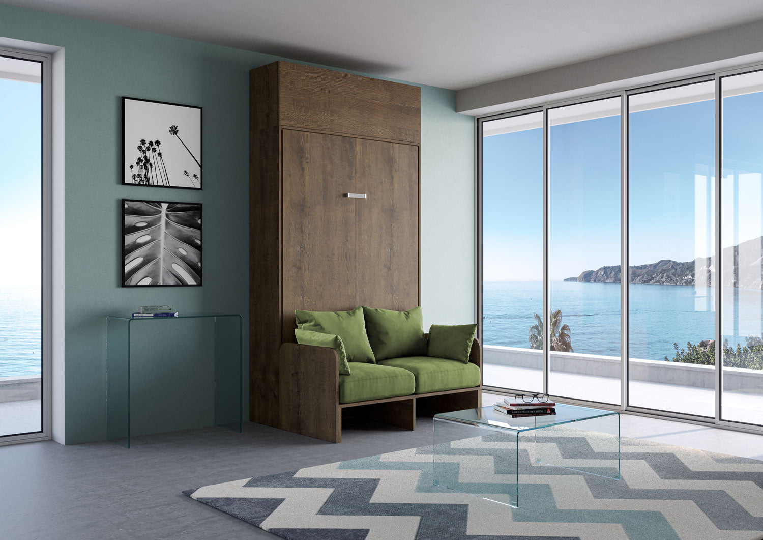 Letto Una Piazza E Mezzo A Scomparsa 120 Kentaro Con Divano E Pensile Noce e Verde