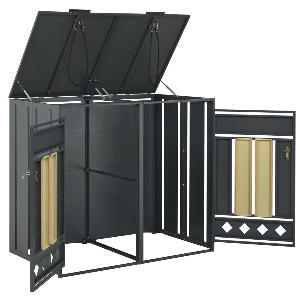 Box per bidoni rifiuti a 2 scomparti con coperchio idraulico; 132x80x118;5 cm; acciaio grigio effetto legno