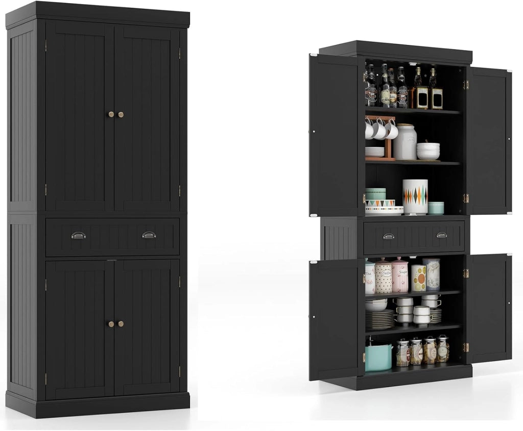 Credenza Alta da Cucina 183,5 cm, Armadio Alto a Buffet in Legno, Mobile Cucina Dispensa con Ripiani Regolabili e Cassetto, per Soggiorno, Sala da Pranzo, 76 x 40 x 183 cm (Nero)