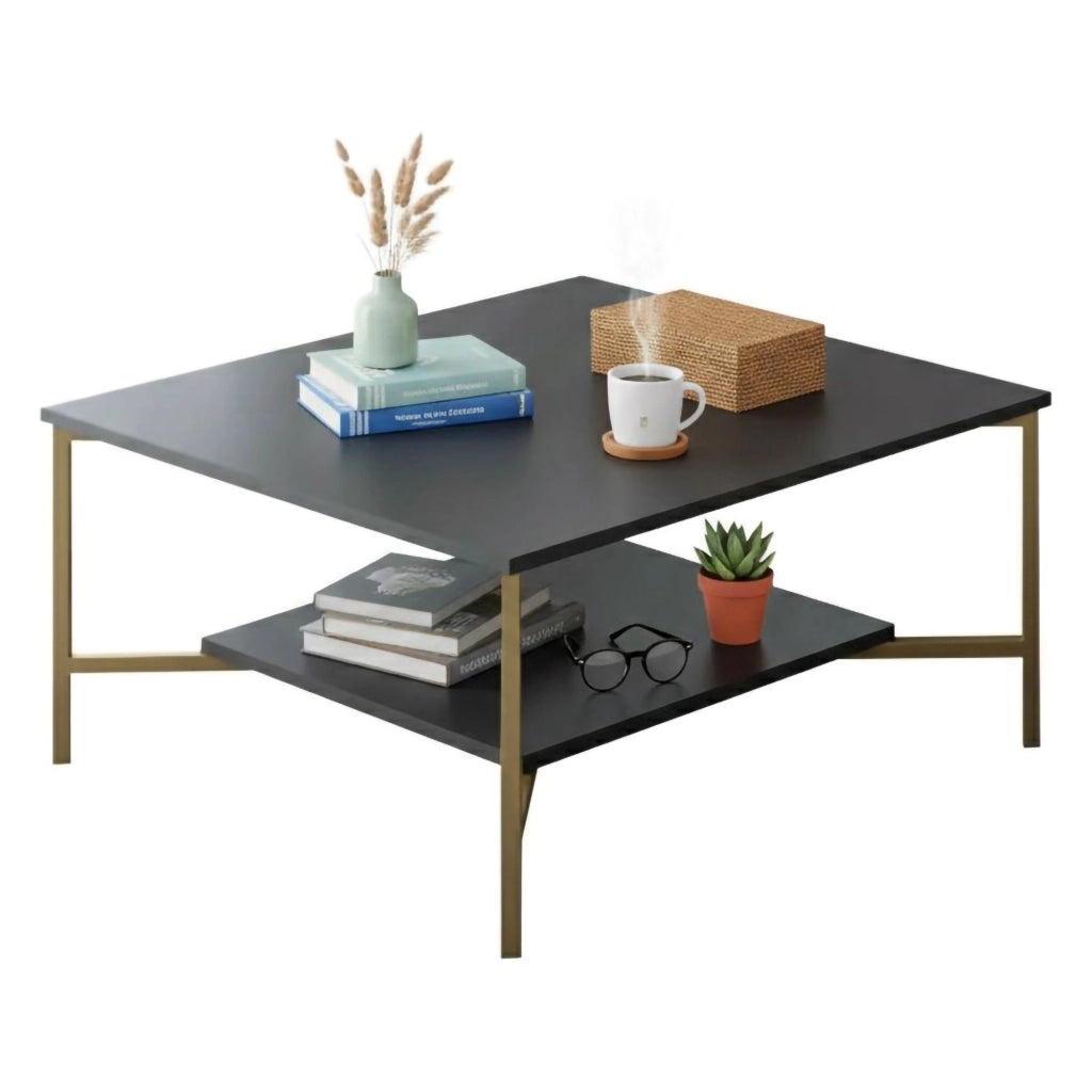Tavolino da salotto Mia, Tavolo basso da caffè, Portariviste per divano, Ripiano da soggiorno, 80x80h40 cm, Antracite e Oro