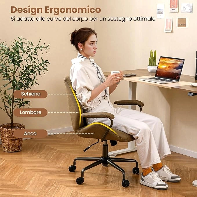 Sedia da Ufficio, Sedia Girevole per Scrivania con Ruote, Braccioli Imbottiti, Poltrona Direzionale Ergonomica Regolabile in Altezza, Portata 150 kg