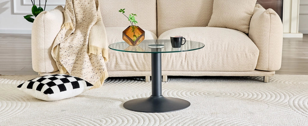 Tavolino basso rotondo moderno in vetro temperato e metallo con base stabile, per soggiorno, nero, 70 × 45 cm