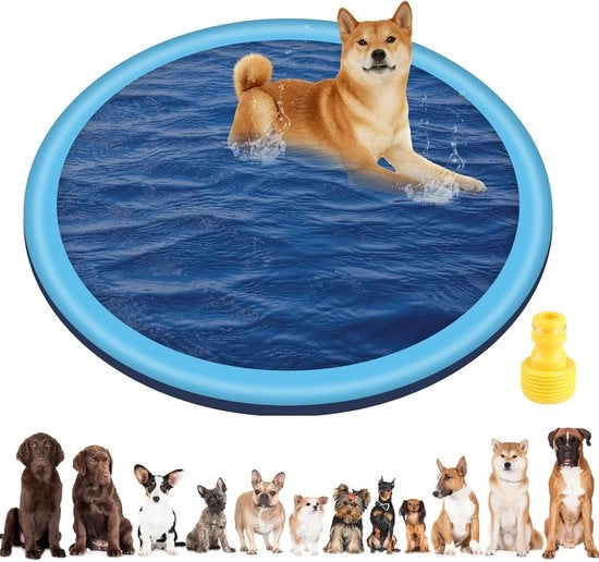 Piscina per cani da esterno 170 cm con getto d'acqua e tappeto di gioco - Ideale per cani grandi e animali domestici