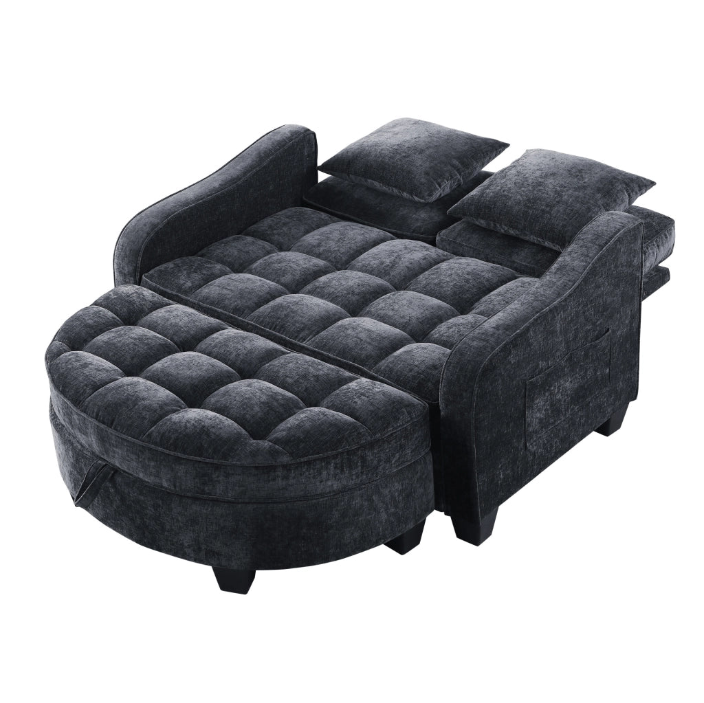 Divano letto 2 in 1 con pouf contenitore; 132x129x93 cm; eucalipto; nero