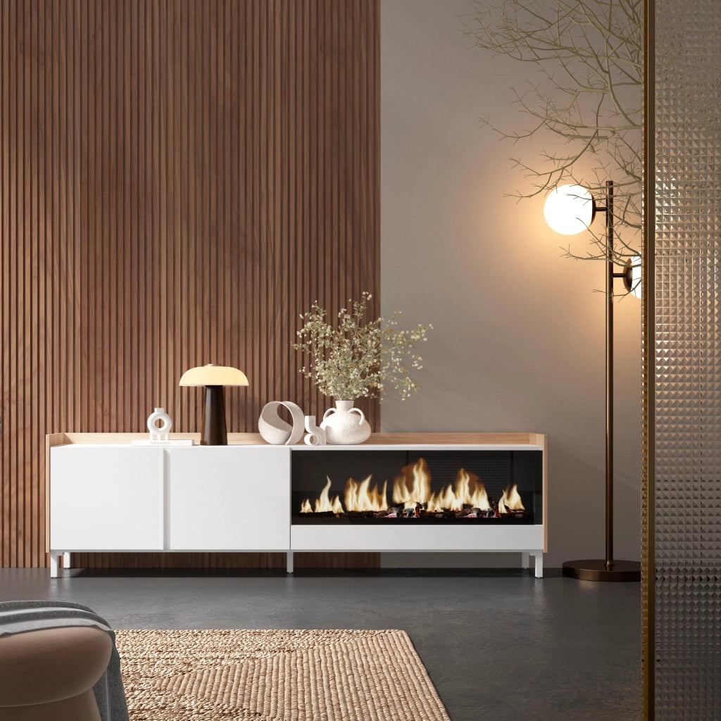 Mobile TV Soggiorno, 212x61x35 cm, Per TV fino a 80", Camino elettrico XXL, Design industriale, Bianco e Rovere soft