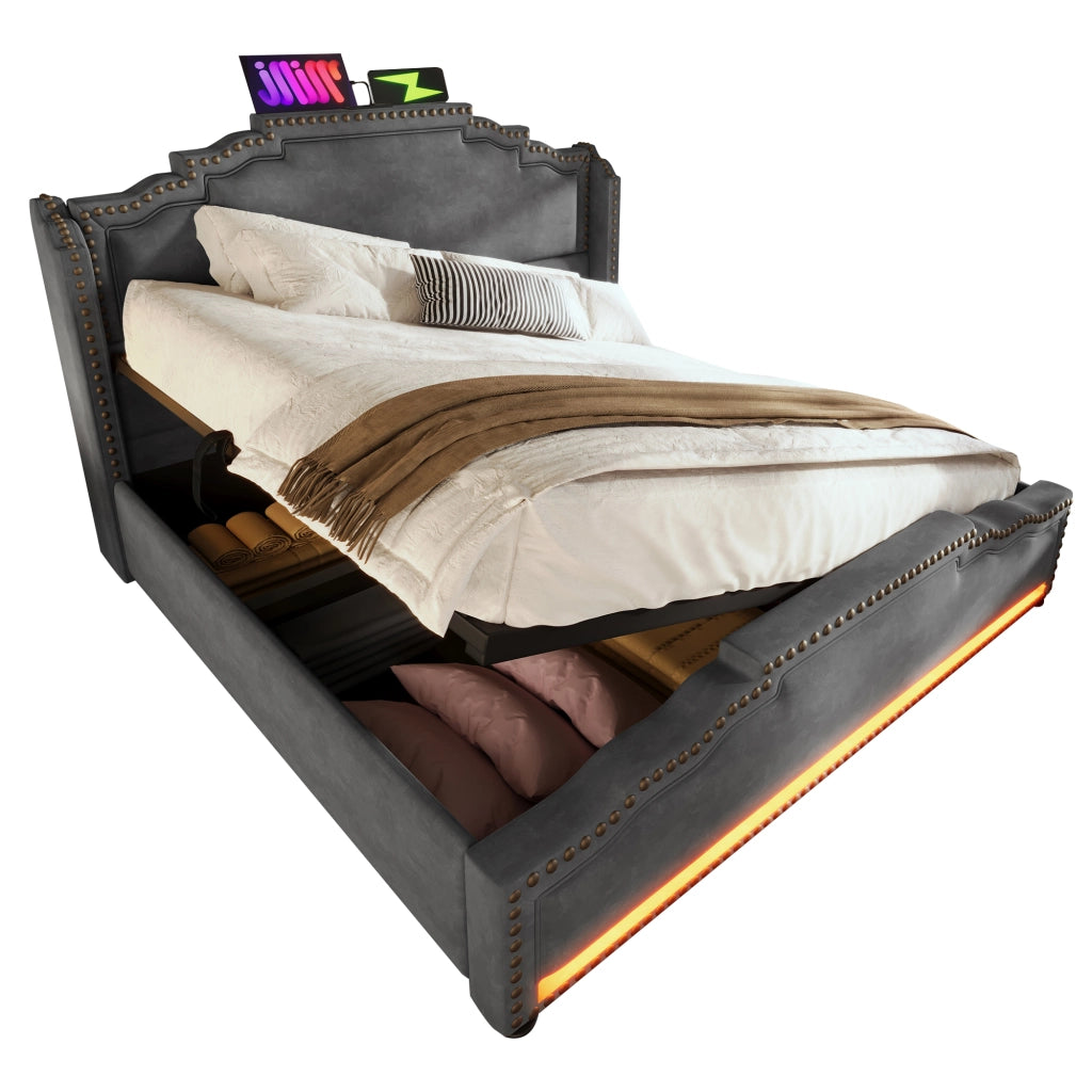 Letto Imbottito Contenitore 140x200 con LED ¨C MINIMAL ¨C Velluto Grigio, Idraulico, Rete a Doghe