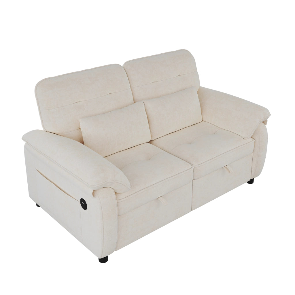 Divano letto 3 in 1 convertibile 142 cm in chenille beige con porta USB e Type-C