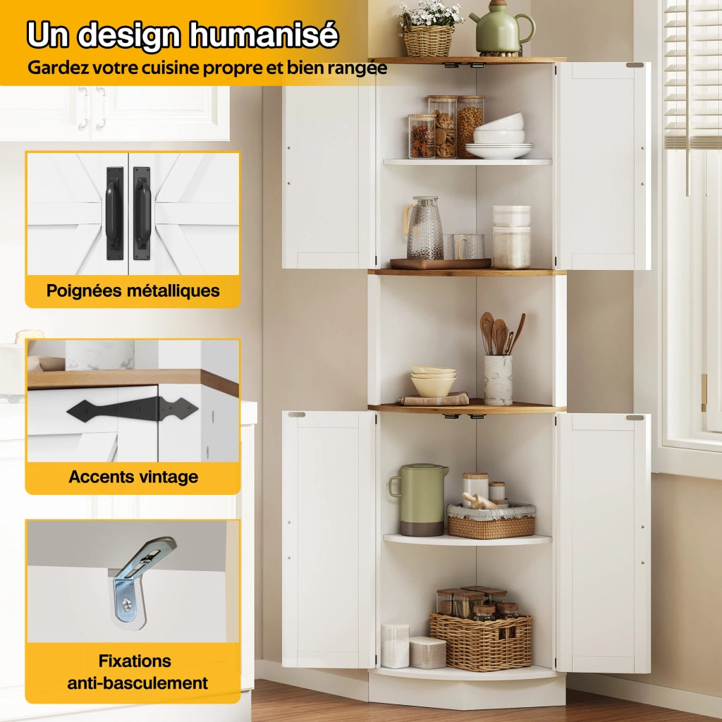 Mobile angolare con 2 ante 1 vano aperto e 4 ripiani vintage per cucina e soggiorno in MDF bianco 39,5 × 39,5 × 180 cm