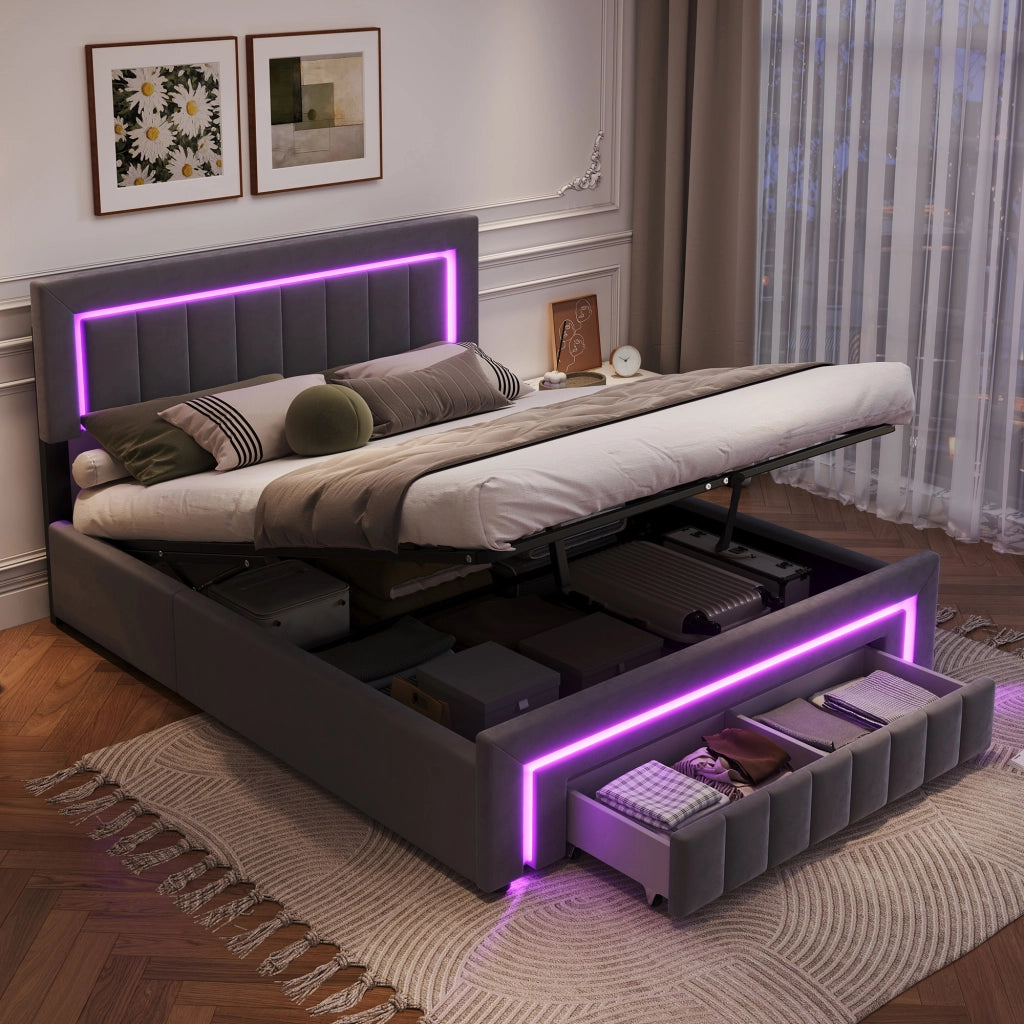 Letto matrimoniale imbottito in velluto grigio con LED e contenitore 140x190 cm