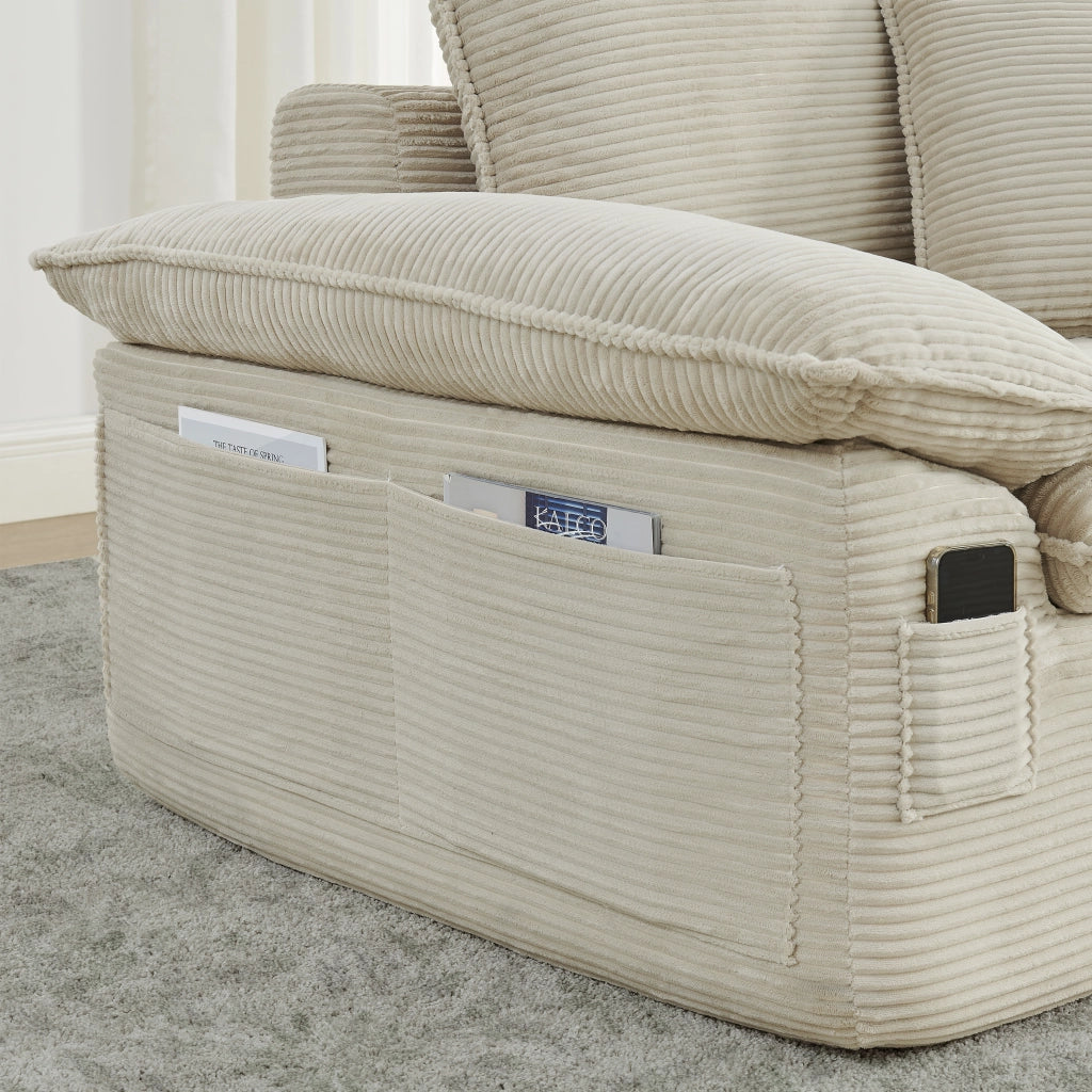 Divano modulare a due posti senza montaggio con tasche laterali e poggiapiedi in tessuto beige per soggiorno