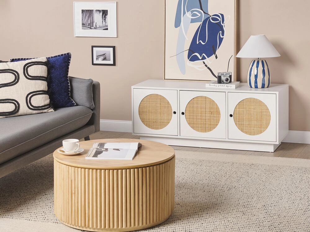 Credenza a 3 ante in legno bianco di manifattura con maniglie a foro frontale in rattan Armadio Soggiorno Camera da letto Stile Boho