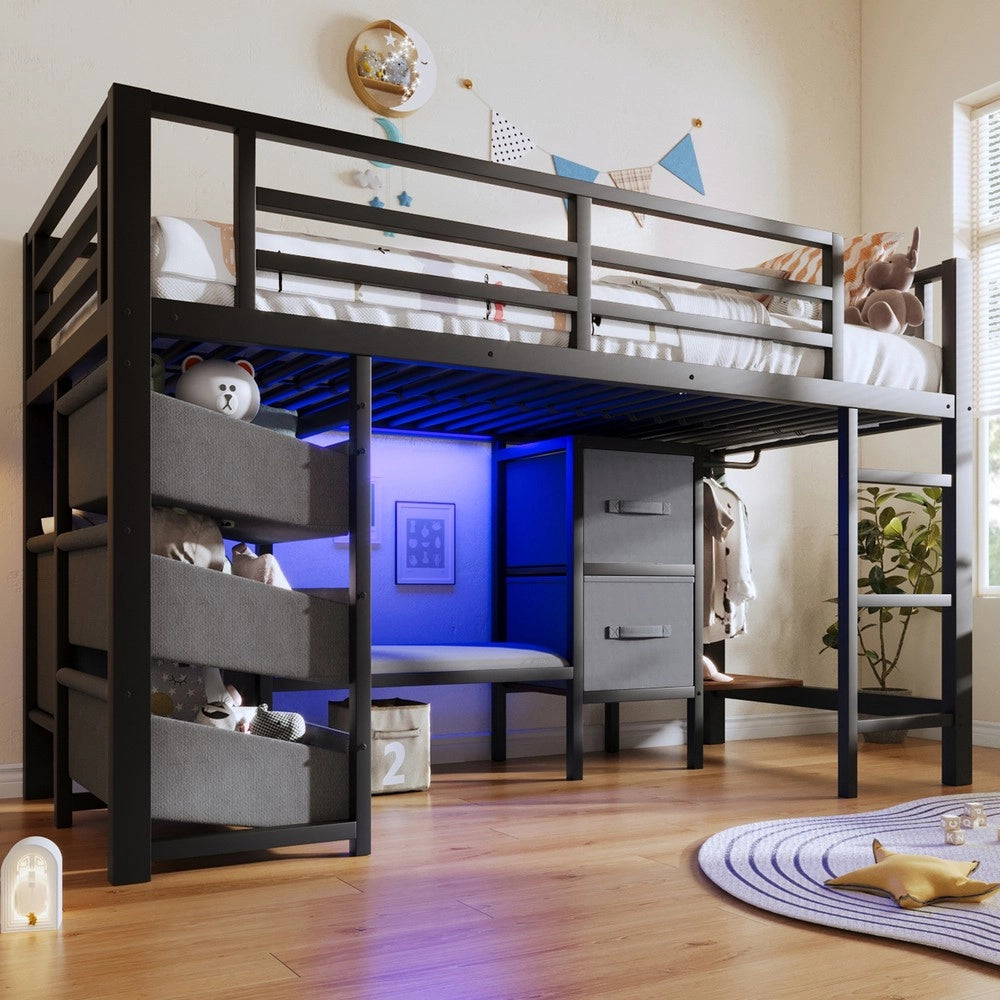 Letto a Soppalco con Cassetti e LED ¨C Xylo ¨C Metallo Nero 90x200