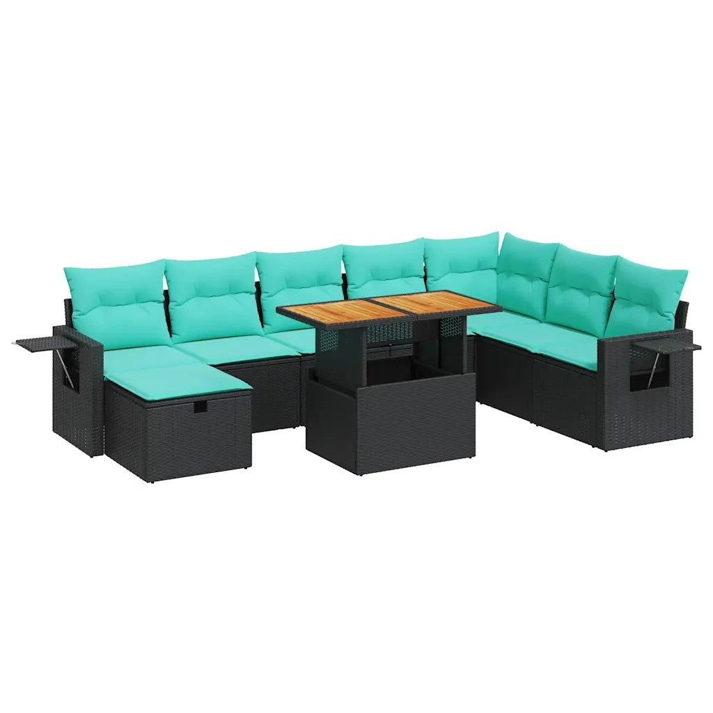 Set Divani da Giardino 9 pz con Cuscini Nero Polyrattan Acacia 3328044