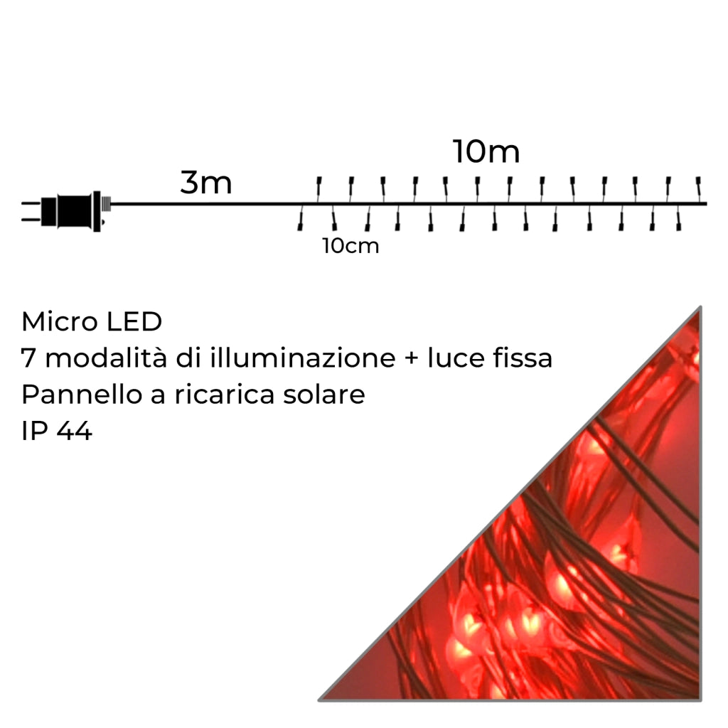 CATENA LUMINOSA SOLARE 10 METRI 100 MICRO LED ROSSI - CAVO FLESSIBILE ARGENTO PER DECORAZIONI NATALIZIE GIARDINI E INTERNI